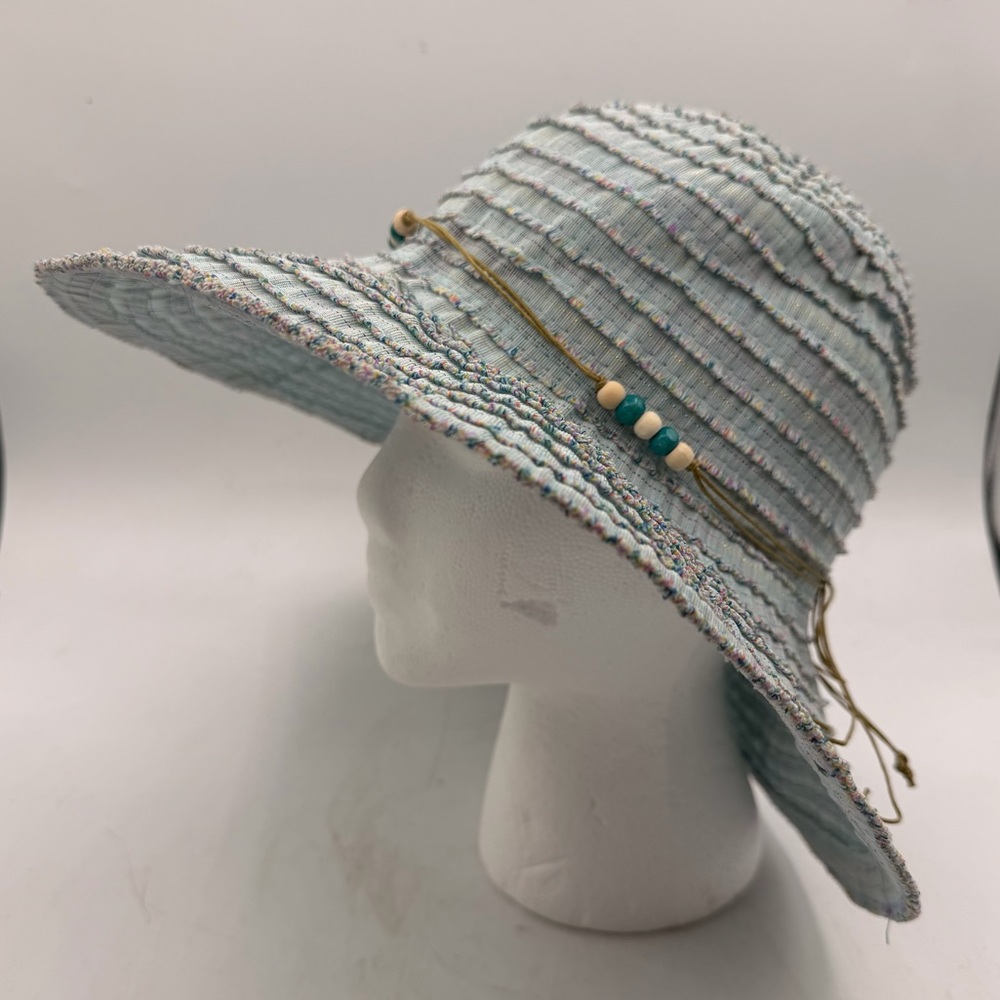 Joe Boxer Wide Brim Floppy Sun Hat – Blue Textured Straw – Beaded Band